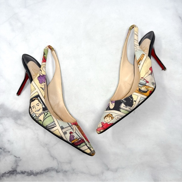 Christian Louboutin Vintage Retro Comic Print Slingback Pointed Toe Pumps Heels - Picture 7 of 15